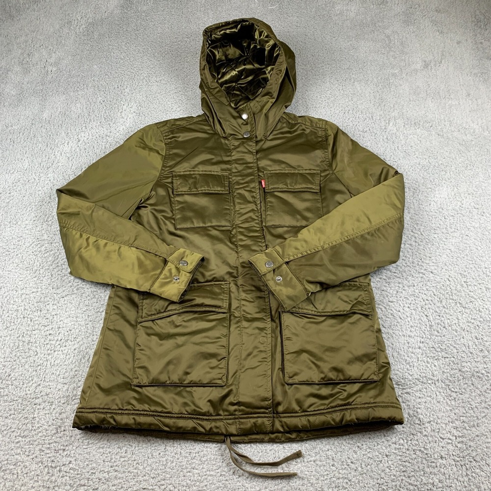 Levis Jacket Womens Small Green Parka Sherpa Lined‎ Hooded Spilt Tail Coat